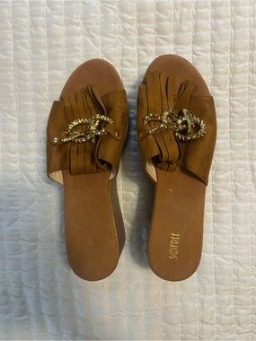 Tan Suede Fringe Platform Mules with Gold Chain Detail